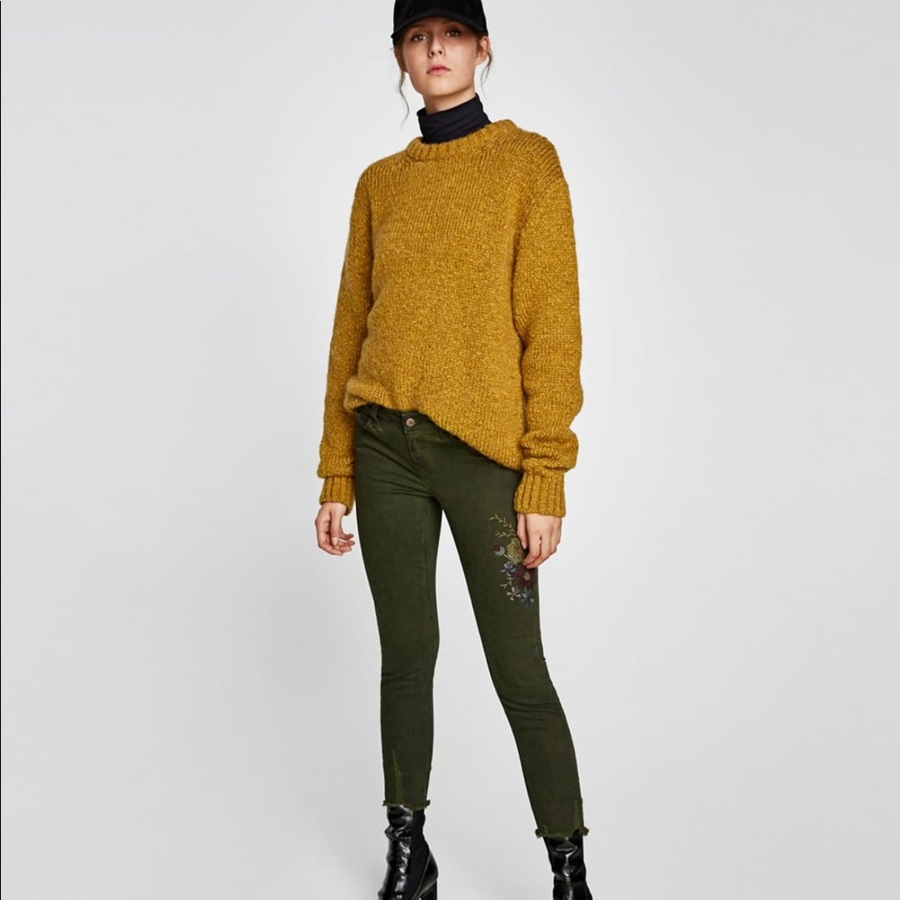 Zara Dark Khaki Denim Jeans w/ Embroidery